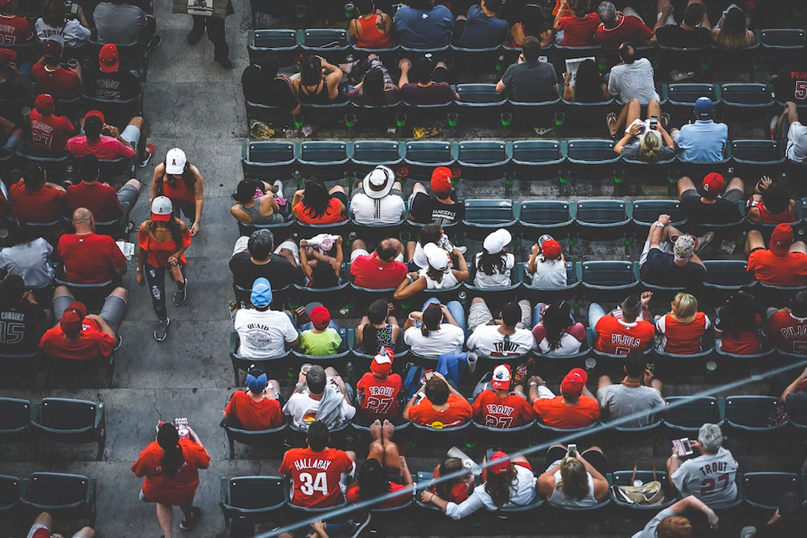 A group of sports fans in a crowd wearing red, for Sports Marketing Recruiters, tml Partners