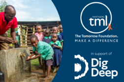 Dig Deep & tml partners The Tomorrow Foundation logos alongside a photo of a child at a water source in Bomet County, Kenya