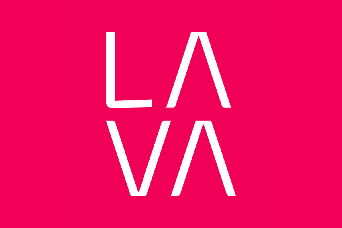 LAVA's logo, with white text on a pink background